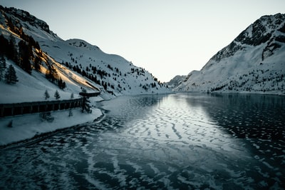 平静的水体和雪山